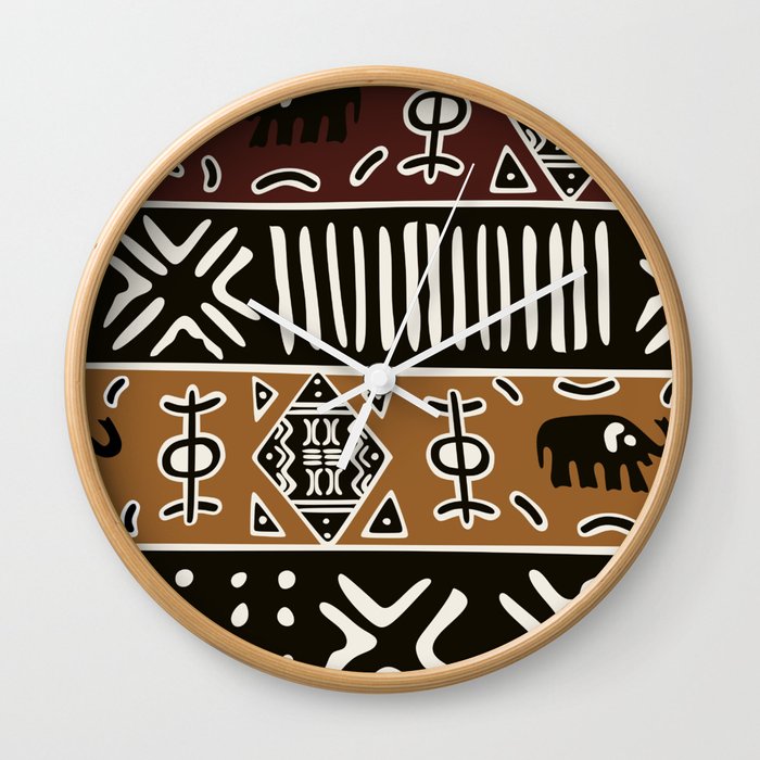 African mud cloth with elephants Wall Clock