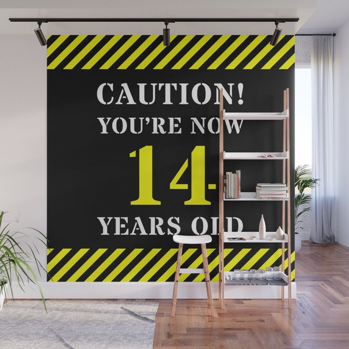 14th Birthday - Warning Stripes and Stencil Style Text Wall Mural