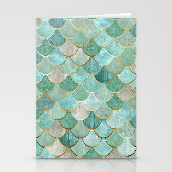 Moroccan Mermaid Fish Scale Pattern, Green and Gold Stationery Cards
