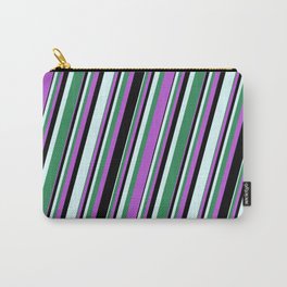 [ Thumbnail: Orchid, Black, Light Cyan, and Sea Green Colored Lined/Striped Pattern Carry-All Pouch ]