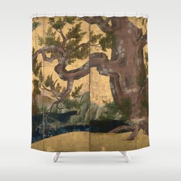 Cypress Tree - Japanese Eight-Panel Gold Leaf Screen - Azuchi-Momoyama-Period Shower Curtain