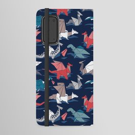Origami dragon friends // oxford navy blue background blue red grey and taupe fantastic creatures Android Wallet Case