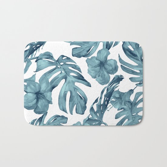 Teal Blue Tropical Palm Leaves Flowers Bath Mat