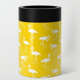White flamingo silhouettes seamless pattern on yellow background Can Cooler