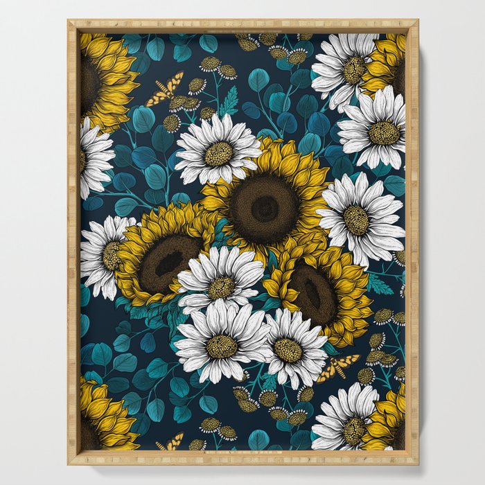 Sunflowers and daisies, summer garden Serving Tray