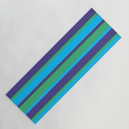 [ Thumbnail: Dark Slate Blue, Sea Green & Deep Sky Blue Colored Striped Pattern Yoga Mat ]