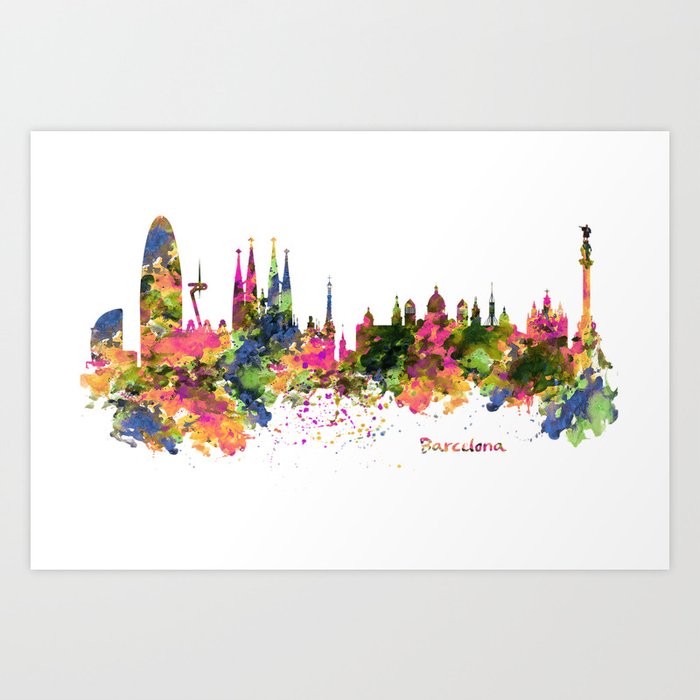 Barcelona Watercolor Skyline Art Print