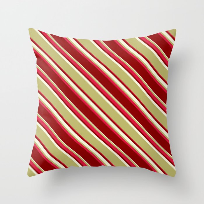 Dark Khaki, Crimson, Dark Red & Beige Colored Pattern of Stripes Throw Pillow