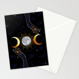 Hands blessing magic ritual- Pagan dark forces invocation with moon and constellations	 Stationery Card