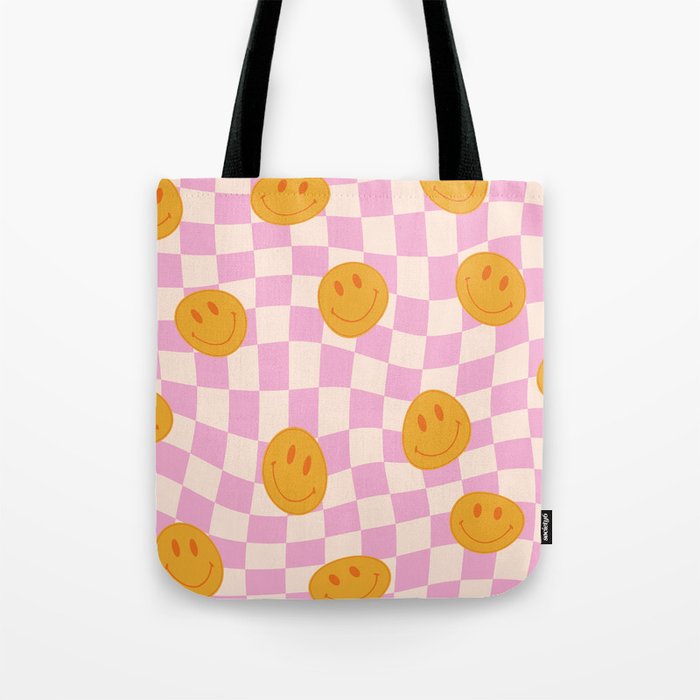 Groovy Smiley Faces on Pastel Pink Twisted Checkerboard Tote Bag