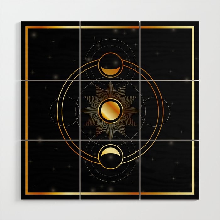 Sun and waxing and waning golden moons in space Wood Wall Art