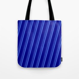 [ Thumbnail: Royal Blue & Dark Blue Colored Striped Pattern Tote Bag ]