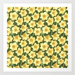 Seamless pattern with yellow daffodils on a green background Art Print