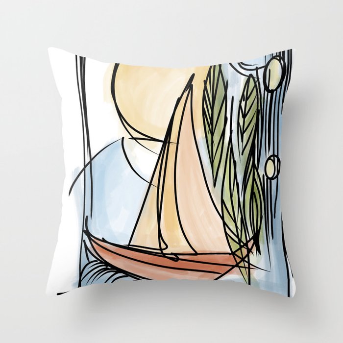 Sunset Sail - Watercolor Sea Waves Painting Throw Pillow