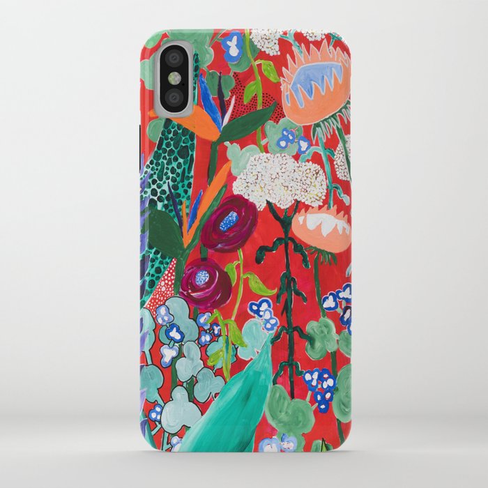 red floral jungle garden botanical featuring proteas, reeds, eucalyptus, ferns and birds of paradise iphone case