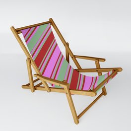 [ Thumbnail: Dark Sea Green, Red, and Violet Colored Stripes Pattern Sling Chair ]