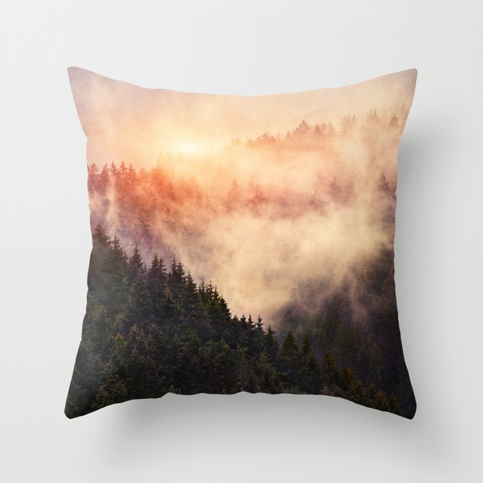 In My Other World //  Sunrise In A Romantic Misty Foggy Fairytale Forest With Trees Covered In Fog Throw Pillow