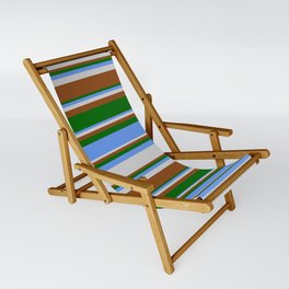 [ Thumbnail: Cornflower Blue, Light Grey, Brown & Dark Green Colored Pattern of Stripes Sling Chair ]