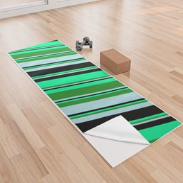 [ Thumbnail: Green, Forest Green, Powder Blue, and Black Colored Striped/Lined Pattern Yoga Towel ]