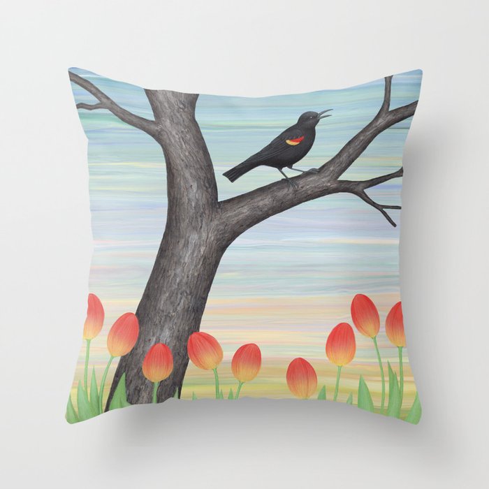 red winged blackbird and tulips Throw Pillow