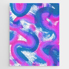 Wavy Lines and Squiggles Abstract Painting - Neon Blue, Magenta and Teal Jigsaw Puzzle