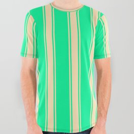 [ Thumbnail: Green & Beige Colored Lined/Striped Pattern All Over Graphic Tee ]