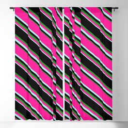 [ Thumbnail: Black, Forest Green, Deep Pink & Turquoise Colored Lined Pattern Blackout Curtain ]