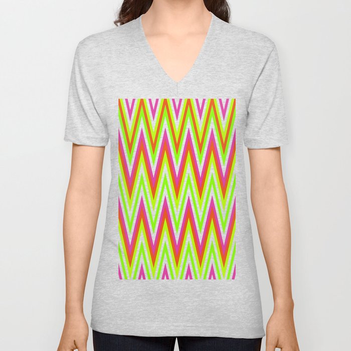Chevron Design In Green Lime Red Pink Zigzags V Neck T Shirt