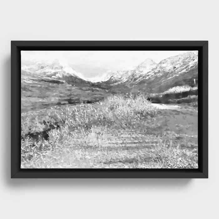 Glen Alps Walk, Grey Scale, Oil Pastel Drawing Framed Canvas