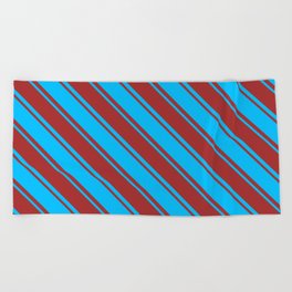[ Thumbnail: Deep Sky Blue & Brown Colored Striped Pattern Beach Towel ]