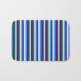 [ Thumbnail: Blue, Lavender, Green, and Indigo Colored Pattern of Stripes Bath Mat ]