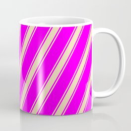 [ Thumbnail: Fuchsia and Tan Colored Lined Pattern Coffee Mug ]