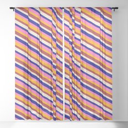 [ Thumbnail: Eyecatching Hot Pink, Orange, Brown, Beige & Blue Colored Pattern of Stripes Sheer Curtain ]