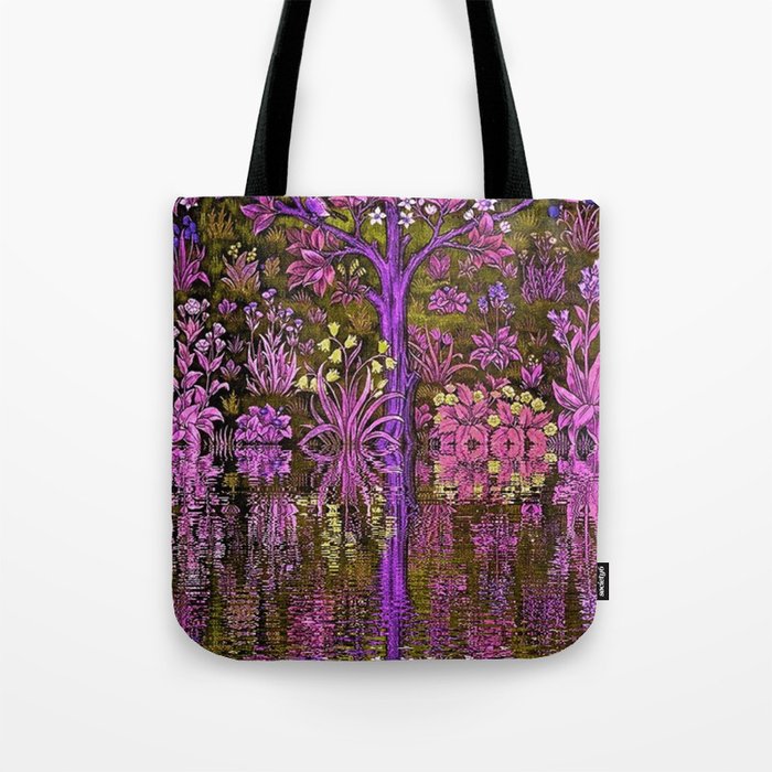 Tree of Life reflecting water of garden lily pond twilight amethyst purple nature landscape painting Tote Bag