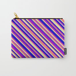 [ Thumbnail: Blue, Dark Violet, Salmon & Pale Goldenrod Colored Lined Pattern Carry-All Pouch ]