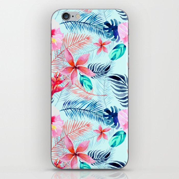 Pink and blue flower and peacock feathers iPhone Skin