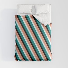 [ Thumbnail: Dark Salmon, Light Cyan, Teal & Black Colored Lined/Striped Pattern Comforter ]
