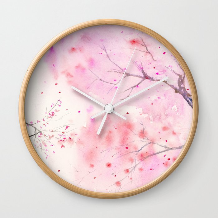 Cherry Blossom, Abstract,  Art Watercolor Painting  by Suisai Genki  Wall Clock