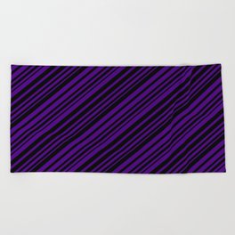 [ Thumbnail: Black and Indigo Colored Lines/Stripes Pattern Beach Towel ]