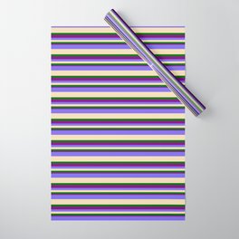 [ Thumbnail: Medium Slate Blue, Tan, Dark Green & Purple Colored Pattern of Stripes Wrapping Paper ]