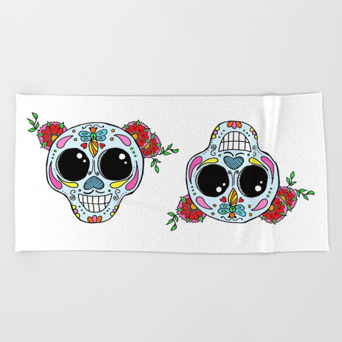 Sugar skull with flowers and bee Beach Towel