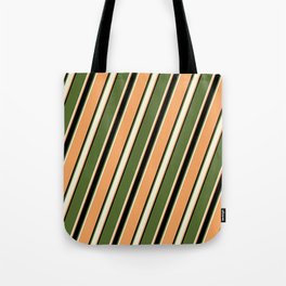 [ Thumbnail: Dark Olive Green, Beige, Brown & Black Colored Pattern of Stripes Tote Bag ]