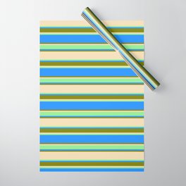 [ Thumbnail: Tan, Light Green, Blue, and Green Colored Lined/Striped Pattern Wrapping Paper ]