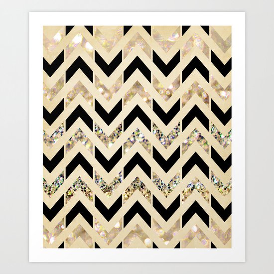 Black & Gold Glitter Herringbone Chevron on Nude Cream Art Print