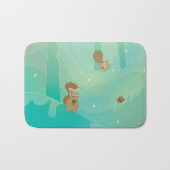 Hide and Seed (Cartoon Squirrels, Mint Green Snow Forest) Bath Mat