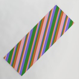 [ Thumbnail: Chocolate, Light Pink, Medium Slate Blue, and Forest Green Colored Stripes/Lines Pattern Yoga Mat ]