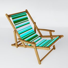 [ Thumbnail: Cyan, Dark Green & Lavender Colored Lined/Striped Pattern Sling Chair ]