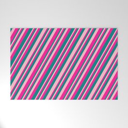 [ Thumbnail: Pink, Deep Pink, and Teal Colored Striped Pattern Welcome Mat ]
