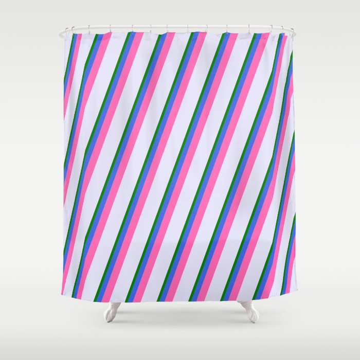 Lavender, Green, Royal Blue & Hot Pink Colored Pattern of Stripes Shower Curtain