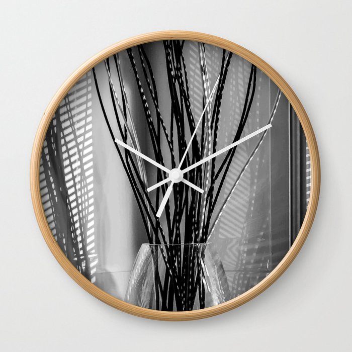 Black and White Line Shadow Photography Bathroom Reeds in a Vase  Wall Clock